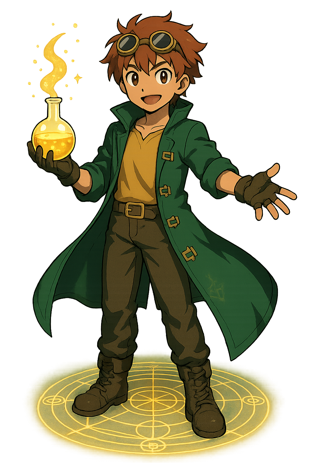 The Alchemist in his transmutation circle, holding a glowing flask