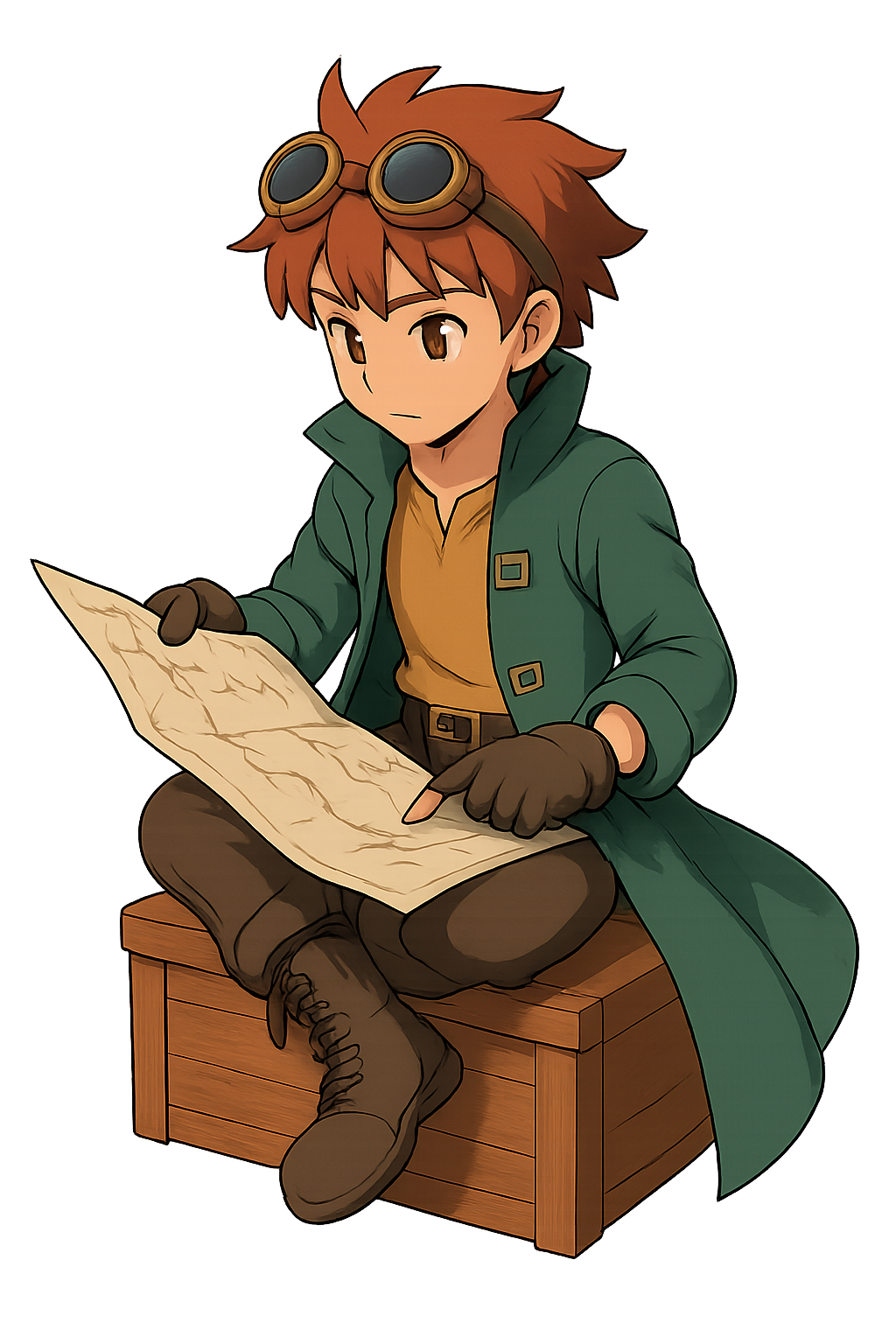 The Alchemist sitting on a wooden chest, tracing a route on a map