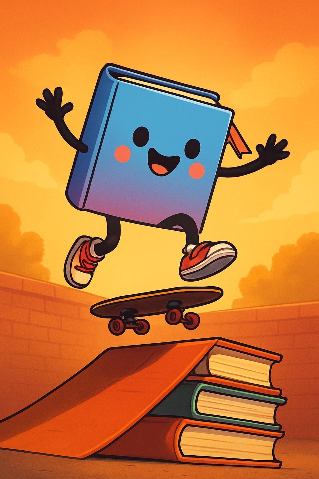 Dash kickflipping a skateboard off a ramp of books