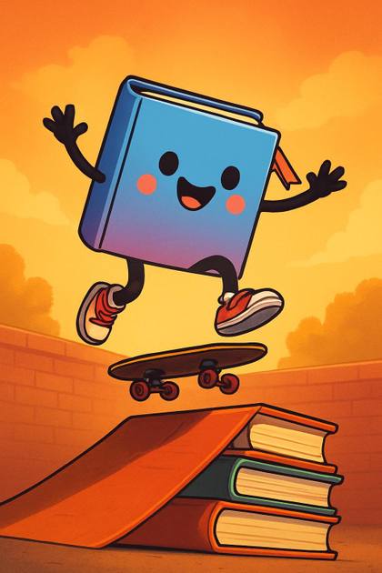 Dash kickflipping a skateboard off a ramp of books