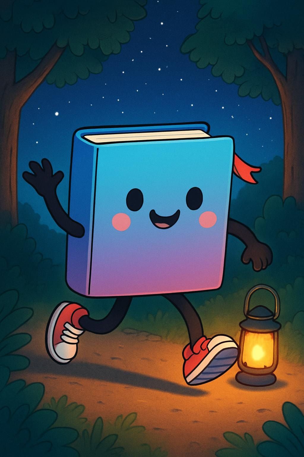 Dash strolling through a dark forest beside a glowing lantern