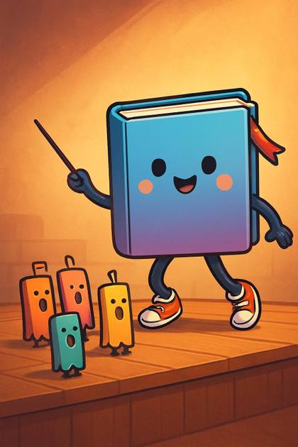 Dash conducting a choir of tiny bookmarks with a baton