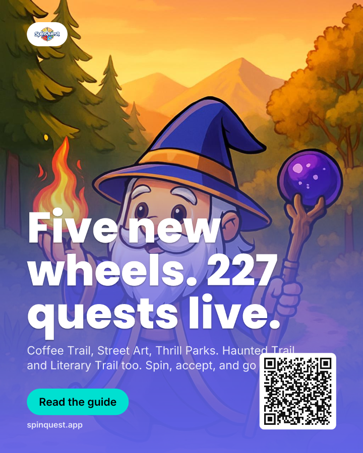 SpinQuest post with the wizard on a forest trail: Five new wheels, 227 quests live
