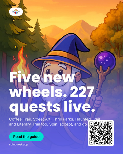 SpinQuest post with the wizard on a forest trail: Five new wheels, 227 quests live