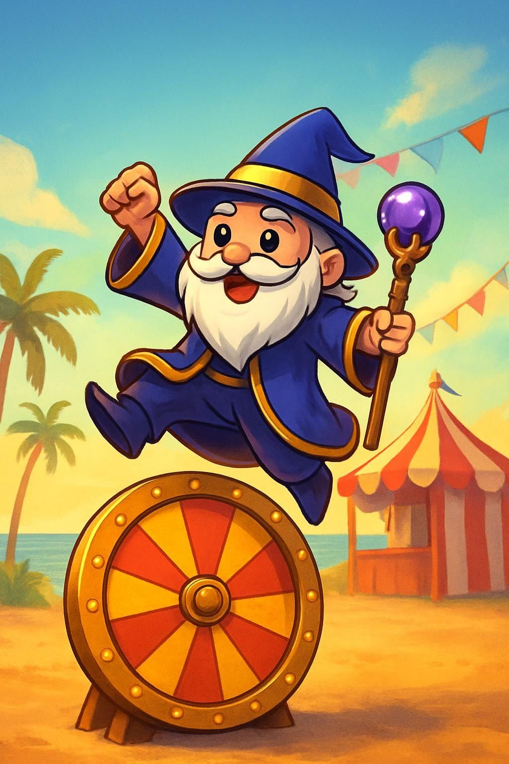 The wizard leaping past a carnival prize wheel, fist in the air