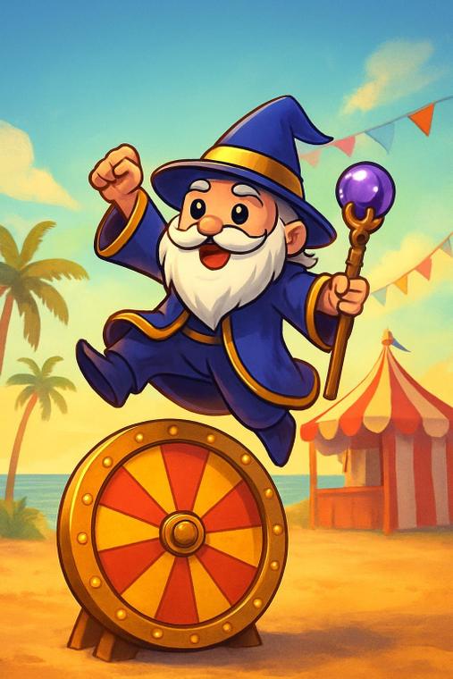 The SpinQuest wizard leaping past a carnival prize wheel
