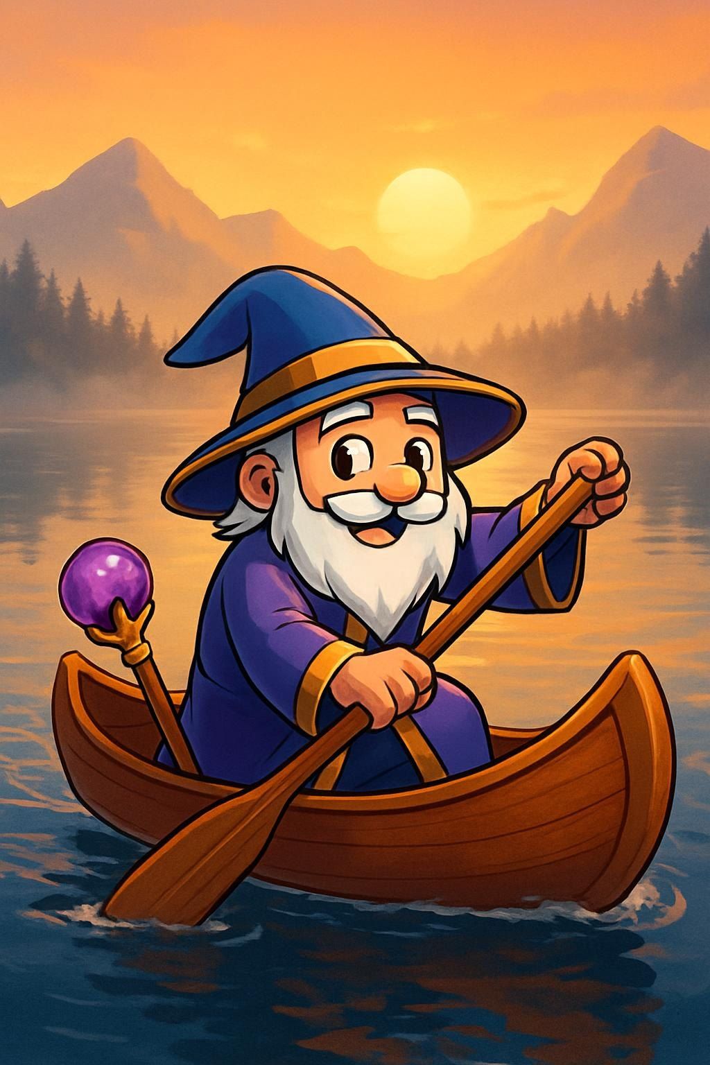 The wizard paddling a canoe across a mountain lake at sunrise