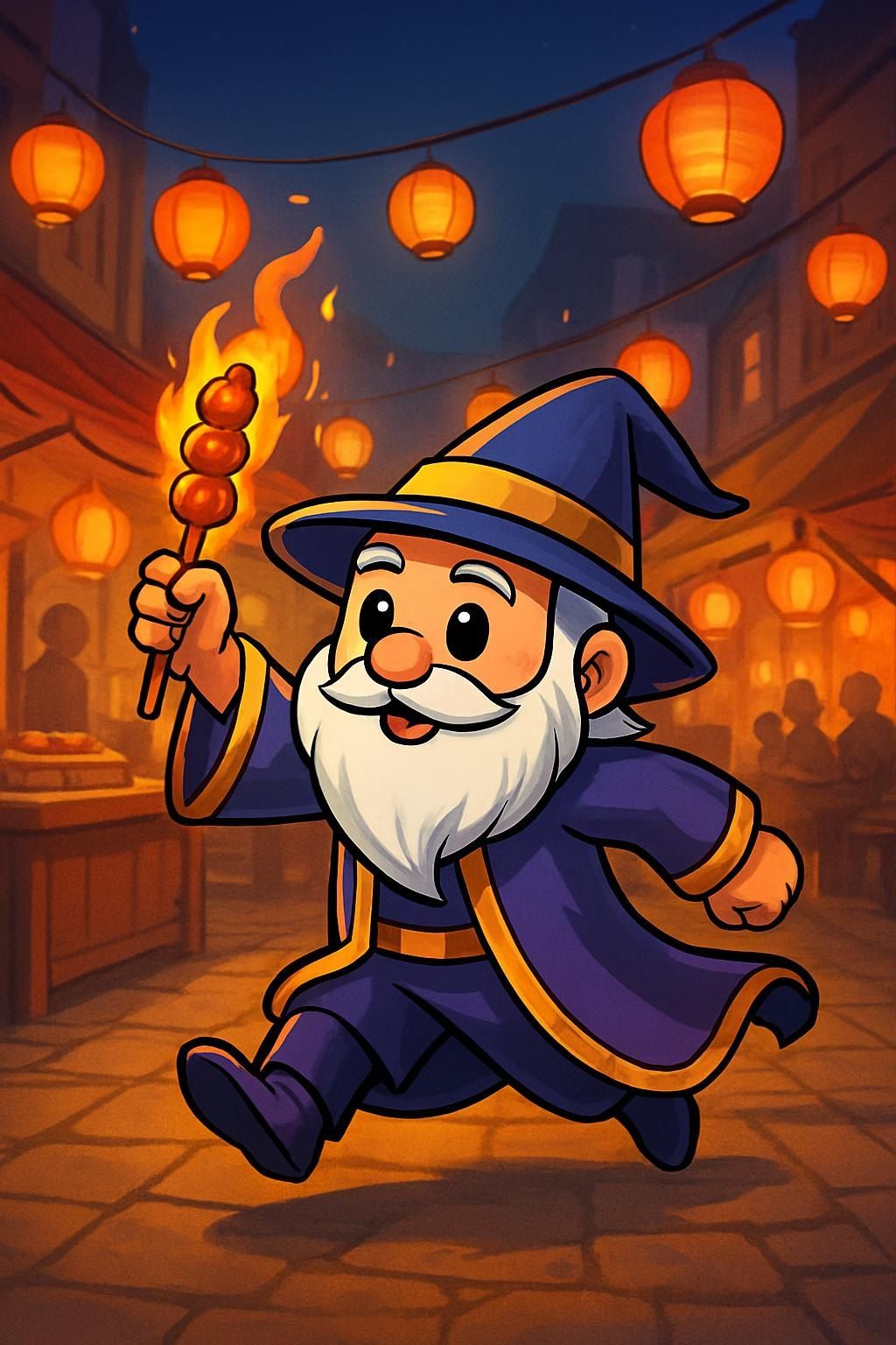 The wizard racing through a lantern-lit night market with a food skewer